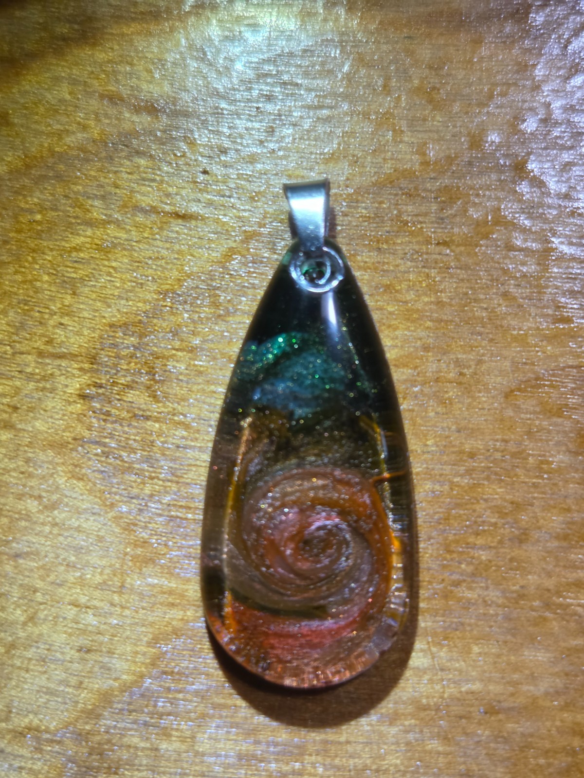 OOAK Green Copper Spiral Resin Teardrop Pendant Handmade N116