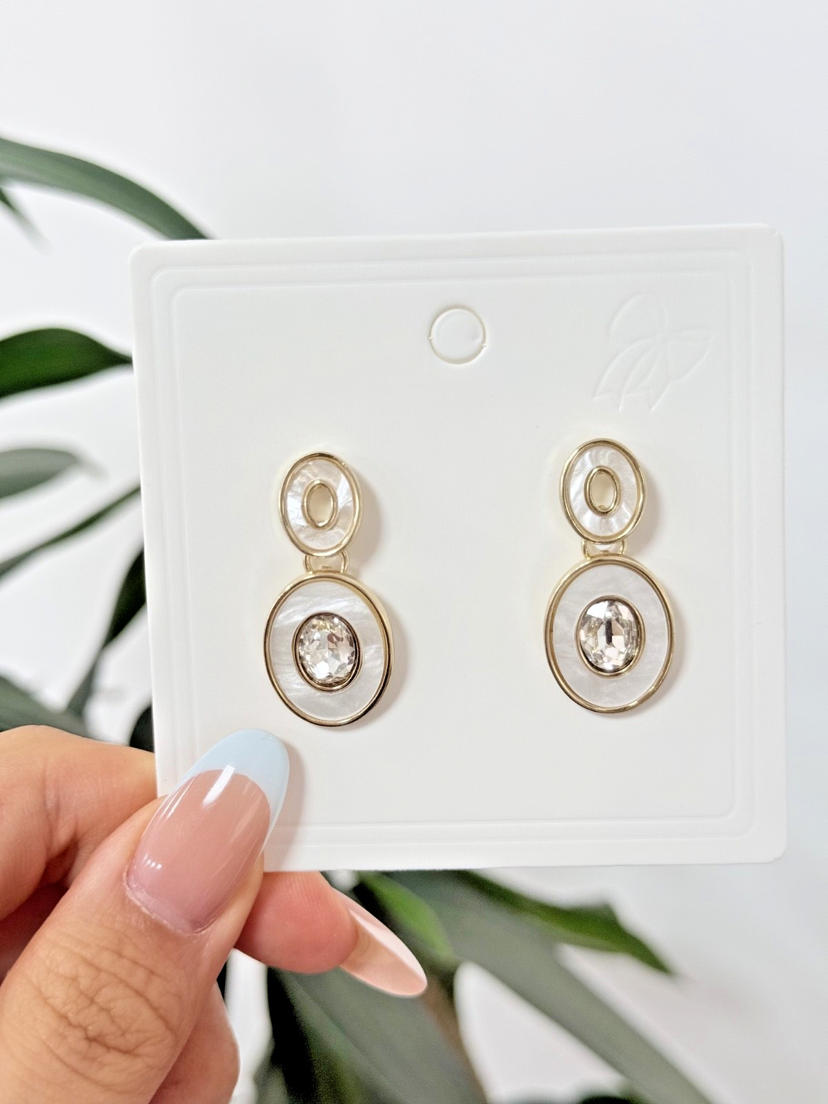 White Shell Oval Simulated Diamond Drop Earrings