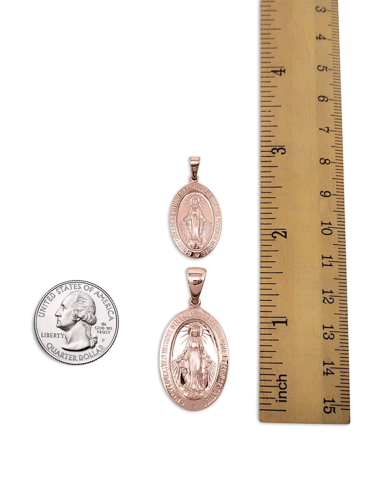 Solid 10K Rose Gold Miraculous Medal Virgin Mary Pendant, 0.9″ or 1.1″, Catholic