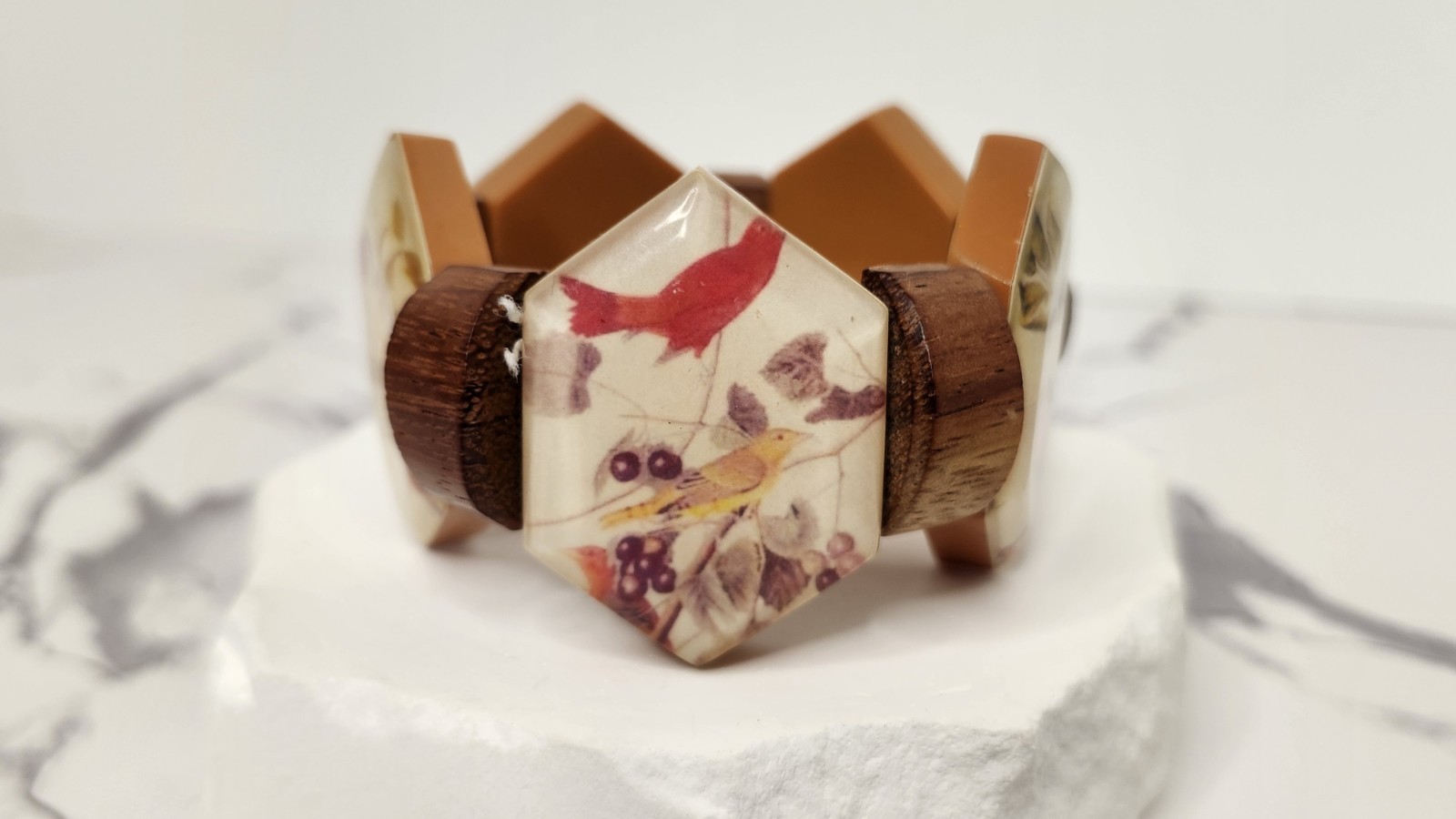 Boho Tropical Wooden Hexagon Tile Bracelet Acrylic Resin Bird Print Statement