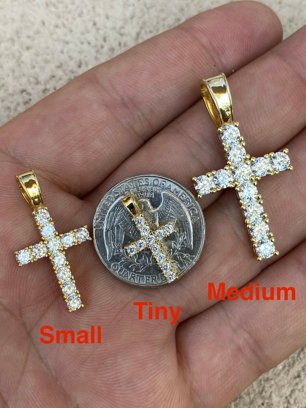 Tennis Cross Pendant Simulated Diamond Iced Necklace 14k Gold Plated 925 Silver