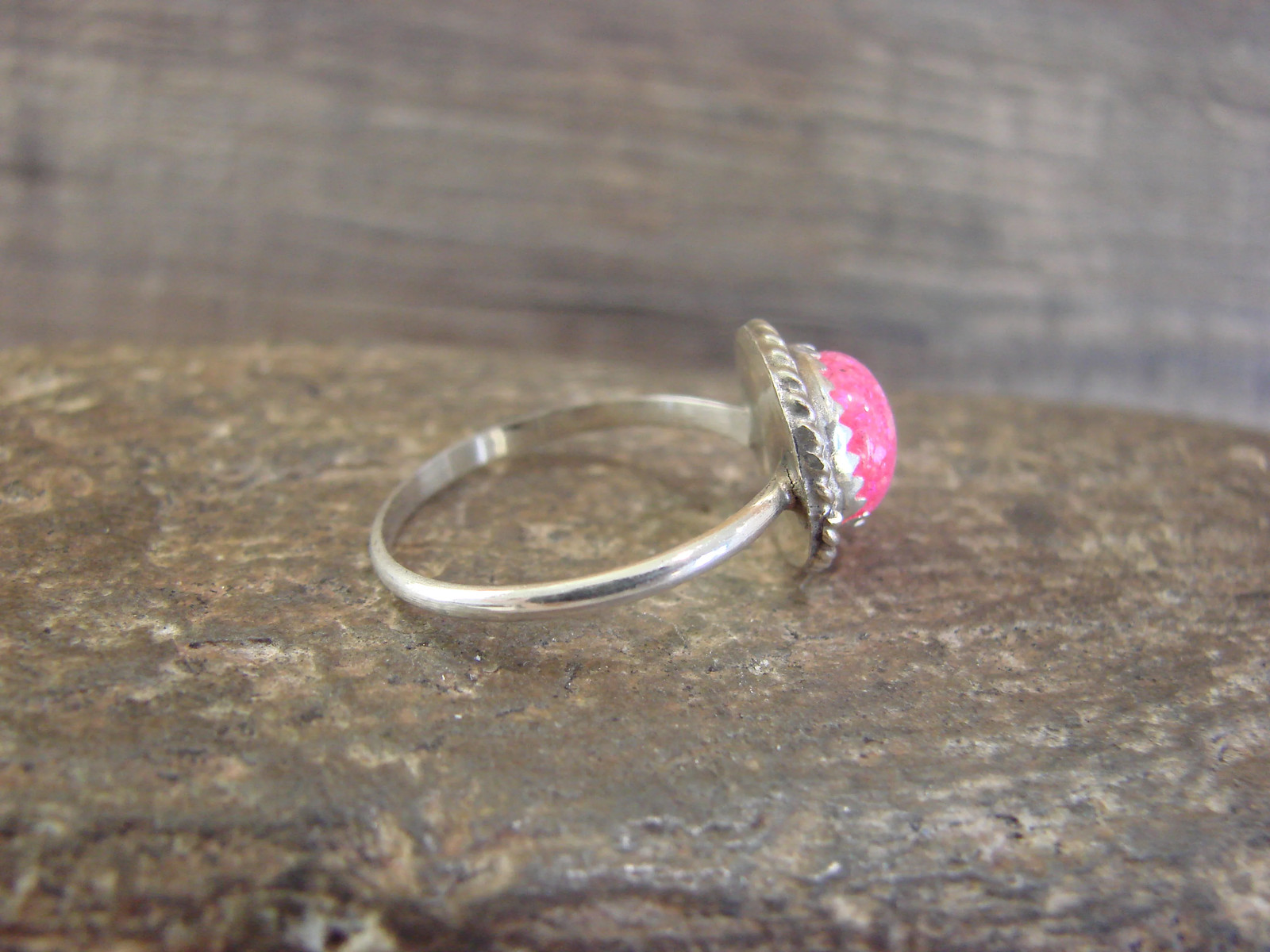 Native American Sterling Silver & Pink Opal Ring by White – Size 6