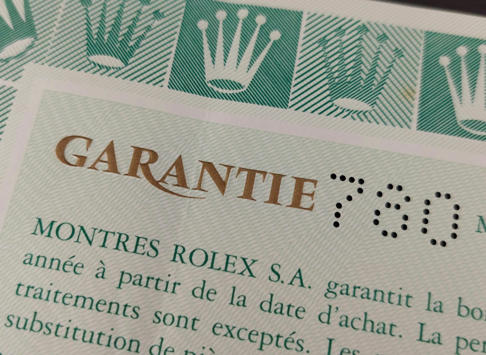 Original ROLEX Inked Guarantee 568.00.40.7T (no holes). Circa 1970’s