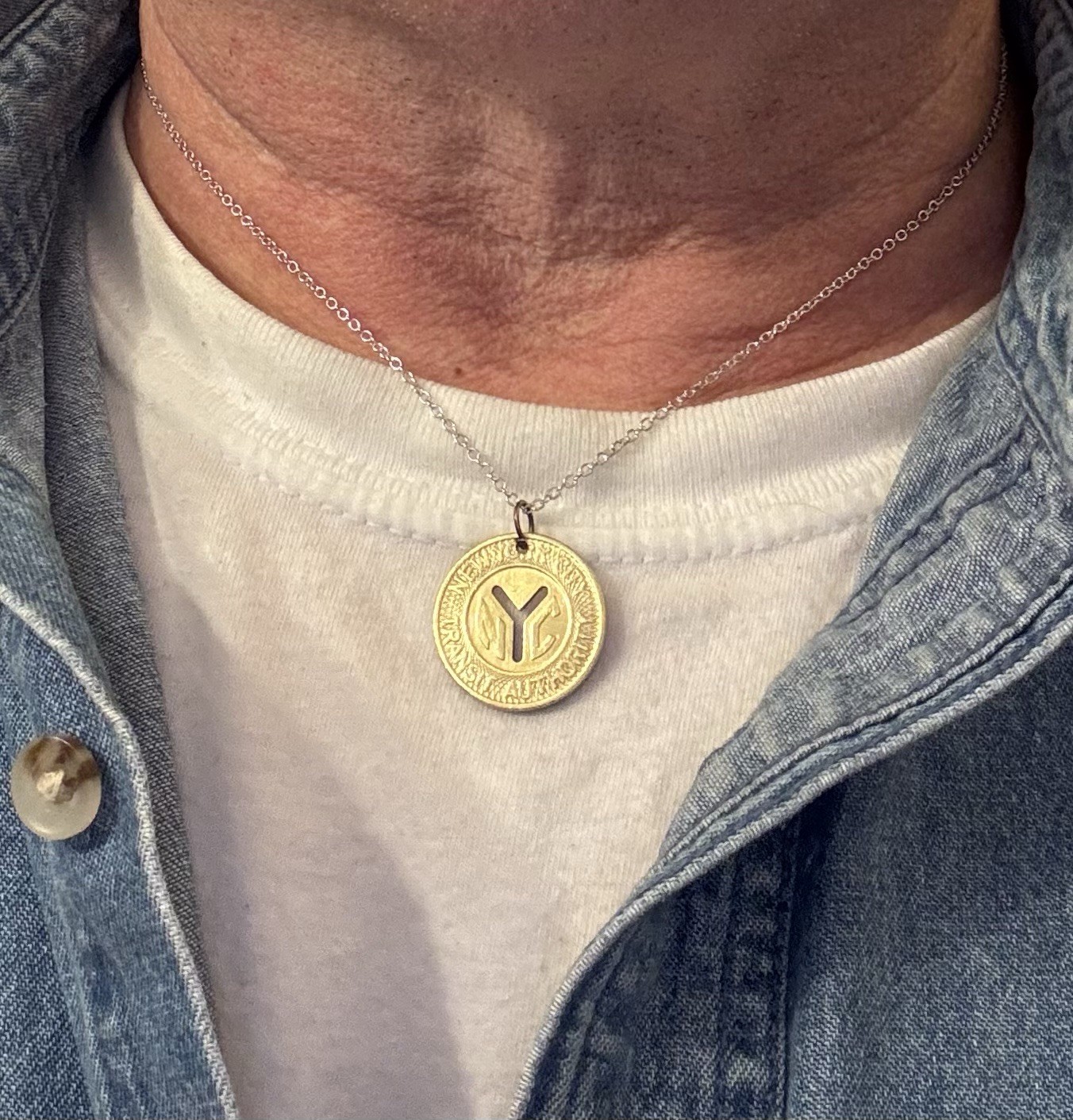 NYC Subway Token Large Y New York City Pendant Silver Plate Chain. Wear History!