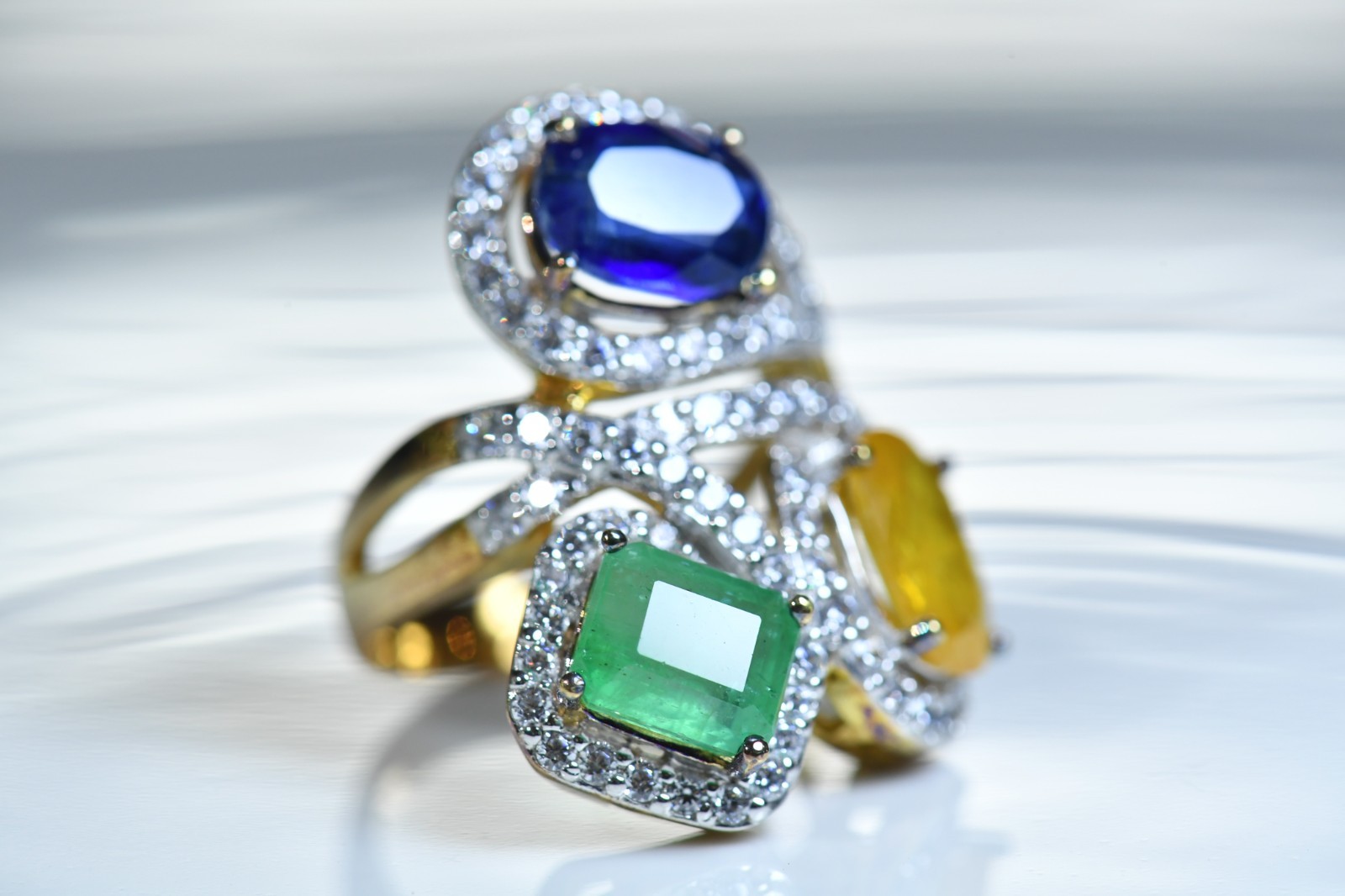 3 Stone Multi Gemstone Ring Emerald, Kyanite, Yellow, Sapphire surrounded CZ