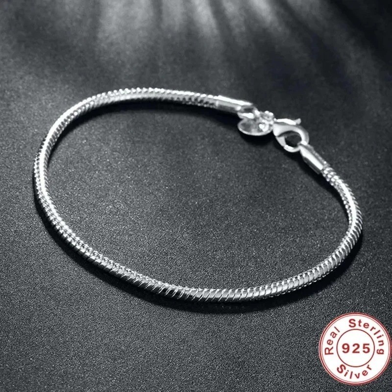 925 Sterling Silver Charm Bracelet Snake Chain Smooth Soft Women Gift
