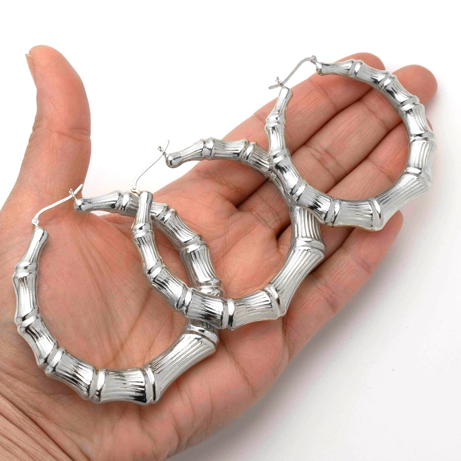 Graduated Diamond-Cut Bamboo Hoop Earrings 925 Sterling Silver