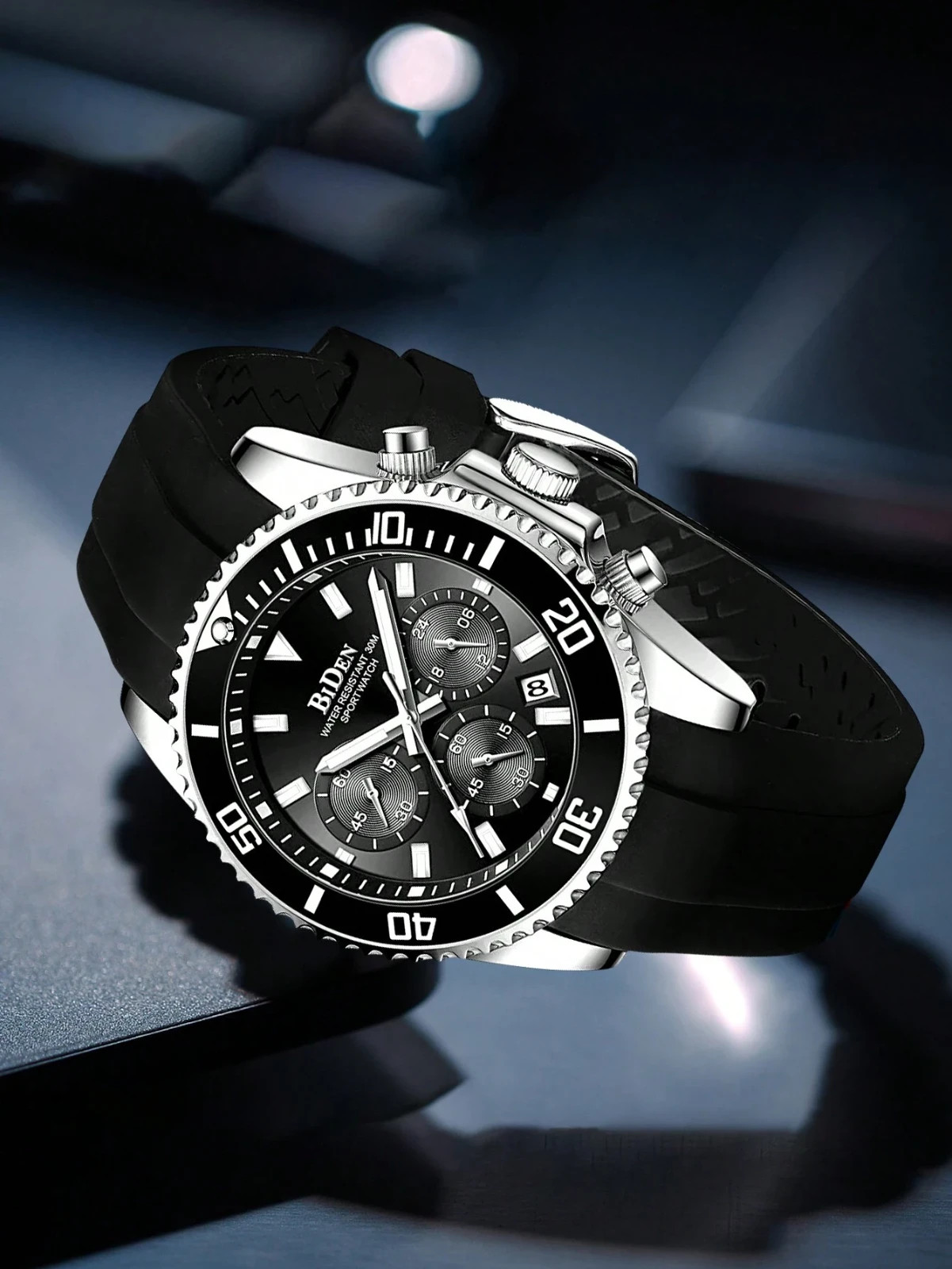Men’s Diving Bezel Chronograph Watch Water-Resistant Rubber Strap Simulated Date
