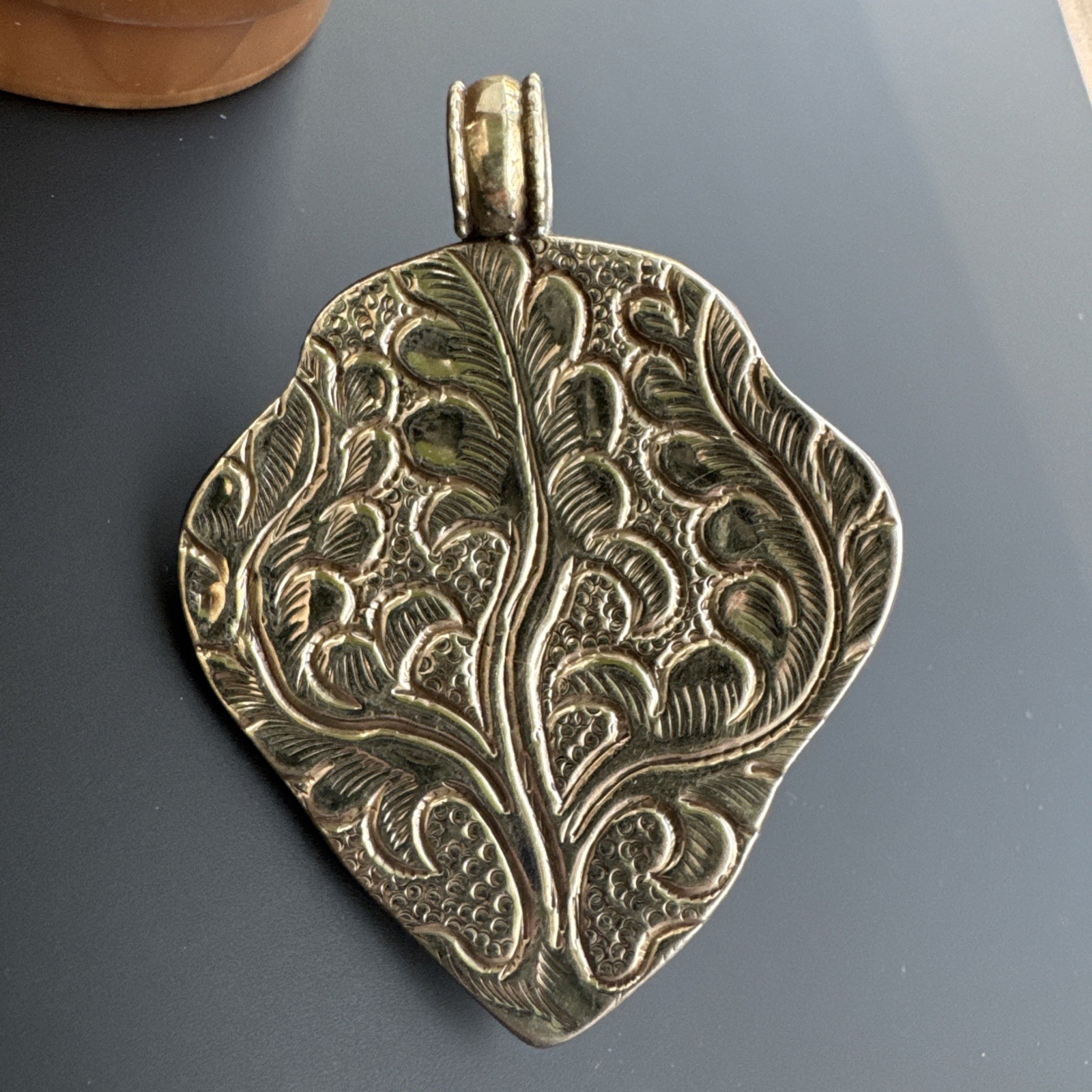 3” Tibetan Sliver Repousse Amulet Pendant w Lapis Insert Fish & Spider 42g