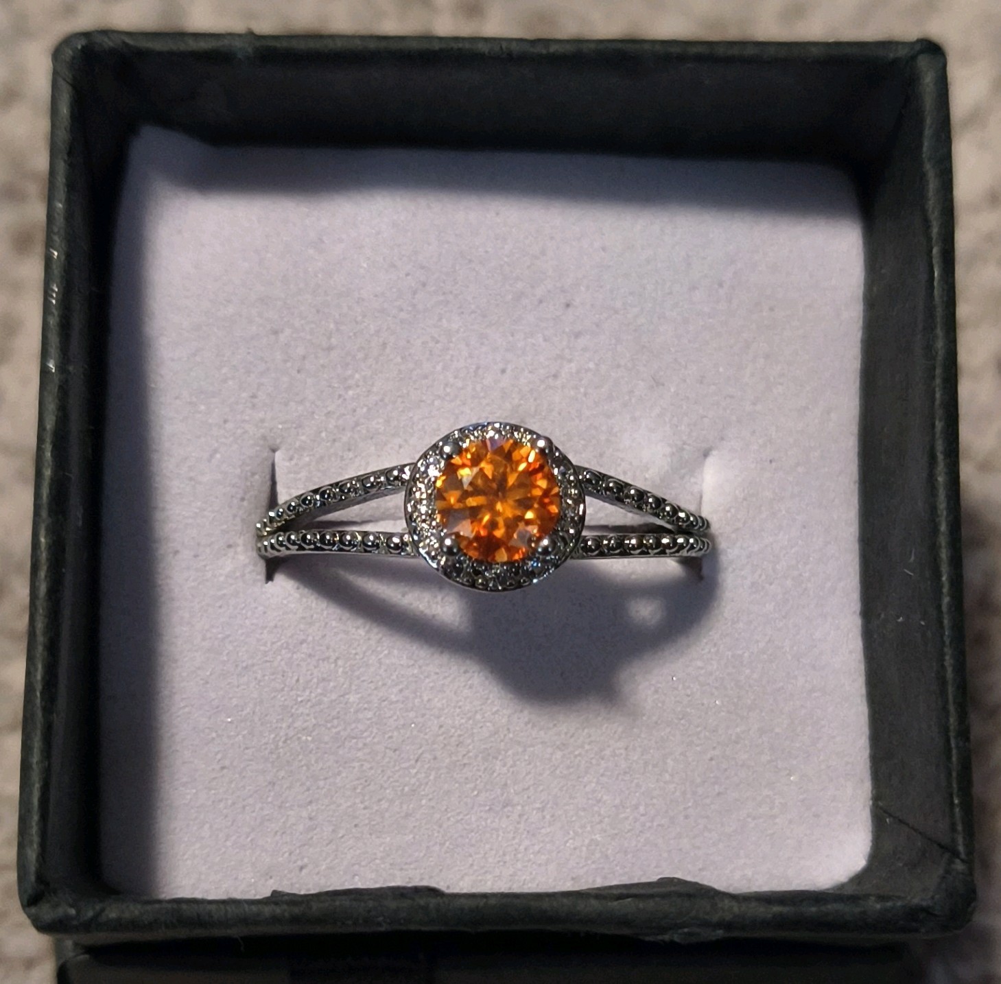 Silver Halo Ring Round Orange Moissanite Stone Adjustable