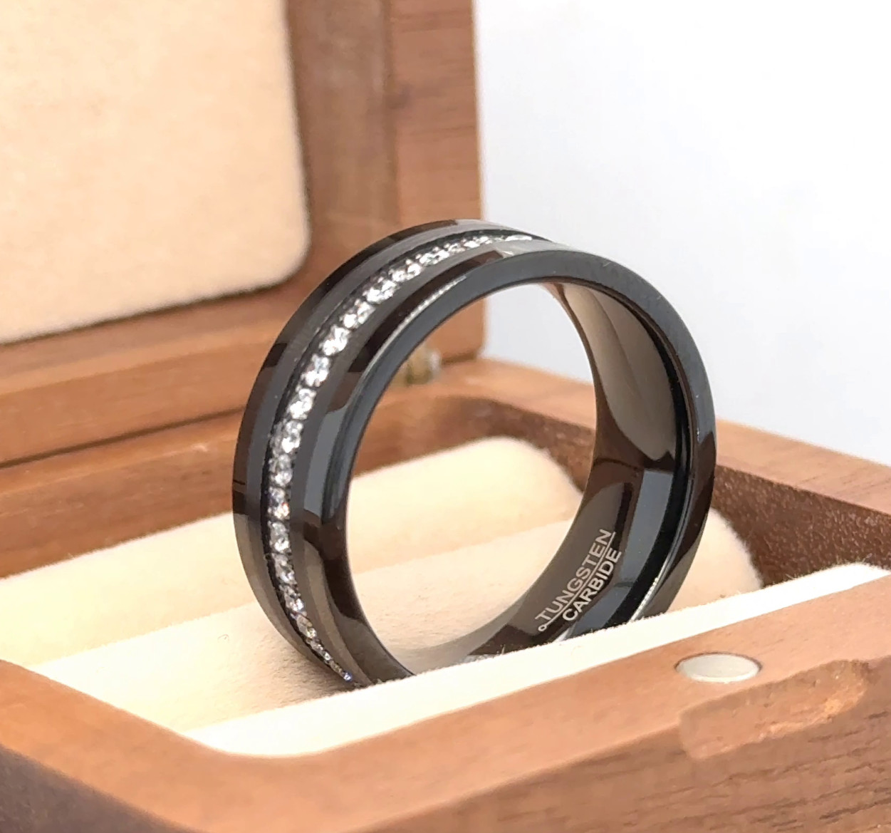 Couple Ring Gift Black Tungsten Engagement Ring White CZ Inlay Beautiful Band
