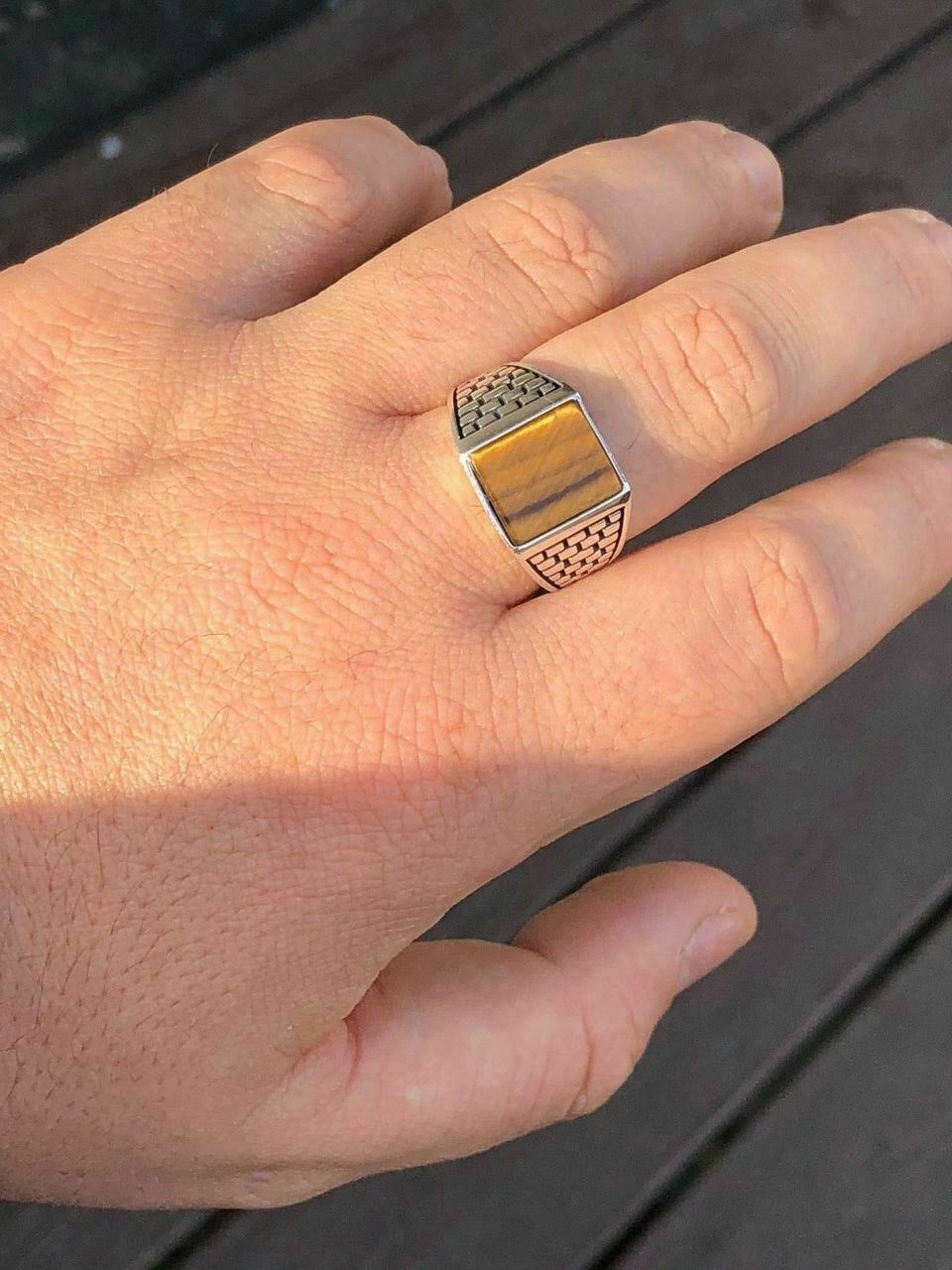 Mens Real Solid 925 Sterling Silver Tiger Eye Square Ring Size 7 8 9 10 11 12 13