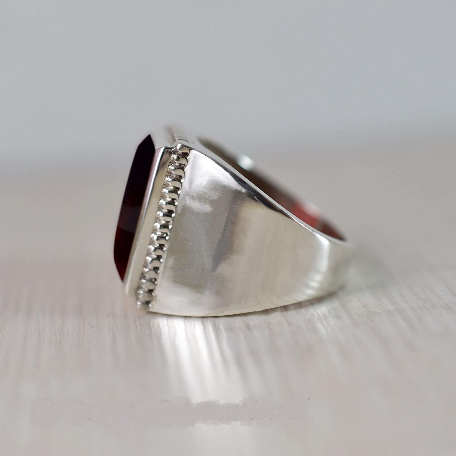Solid 925 Sterling Silver Red Garnet Rectangle Gemstone Gift Men’s Unisex Ring