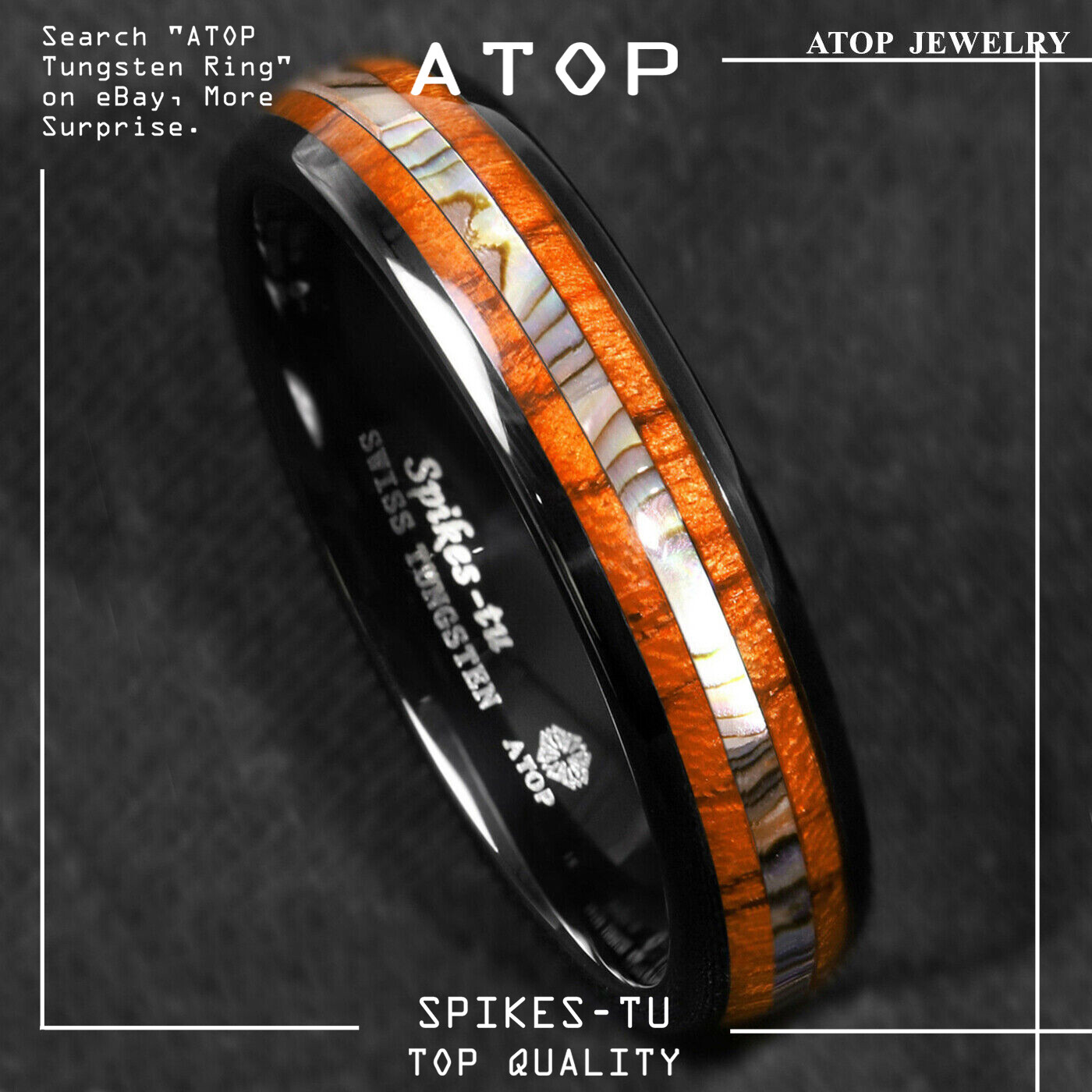 8/6mm Black Tungsten carbide ring Koa Wood ATOP Wedding Band Men Jewelry