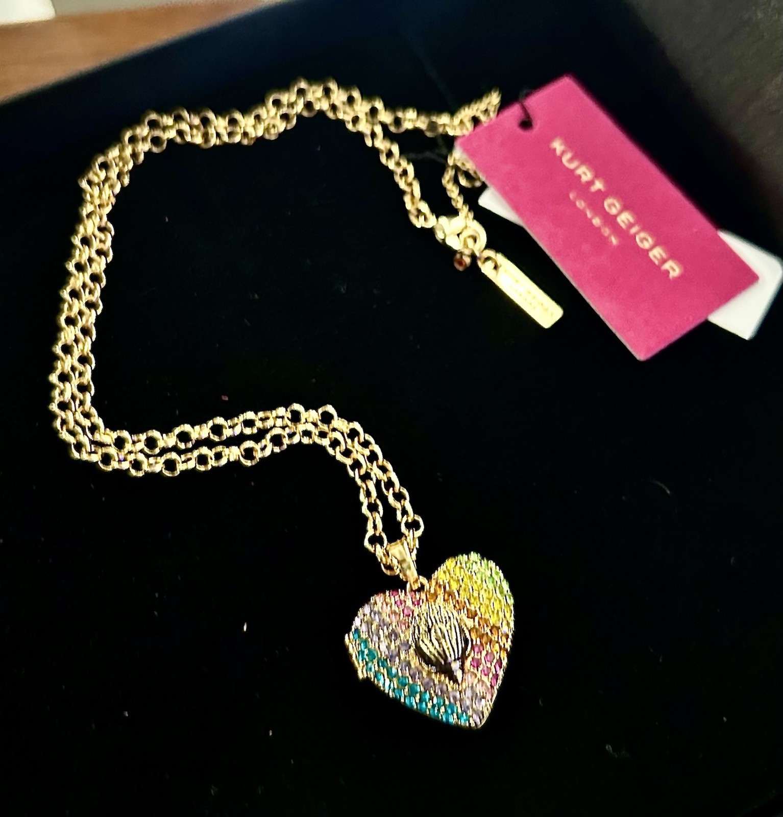 Kurt Geiger Heart Charm Locket Pendant Necklace Multicolor Pavé Crystal Gold