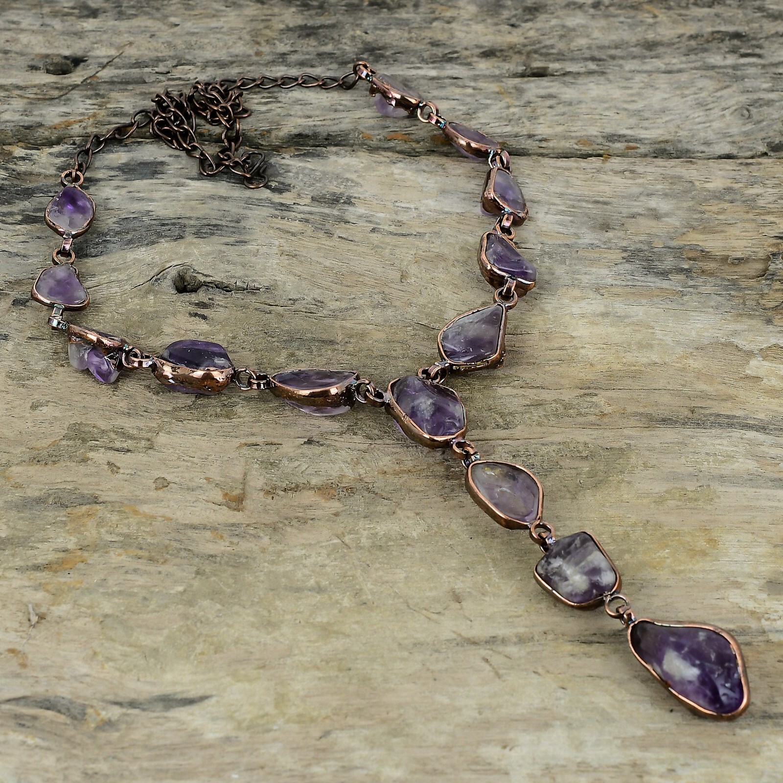 Super 23 Amethyst Rough Copper Electroformed Chain Adjustable Necklace 18.0″