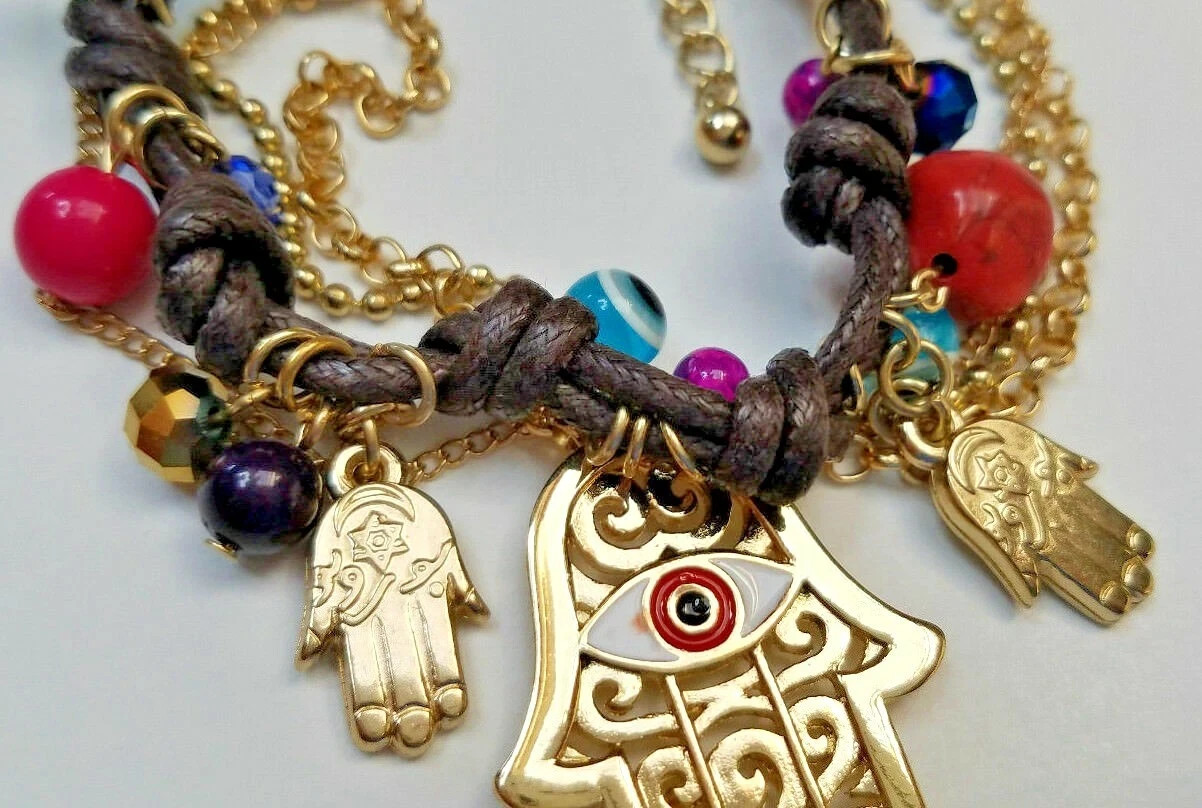 Good Luck Protection HAMSA HAND EVIL EYE Womens BIG GOLD CHARM BEAD BRACELET NEW