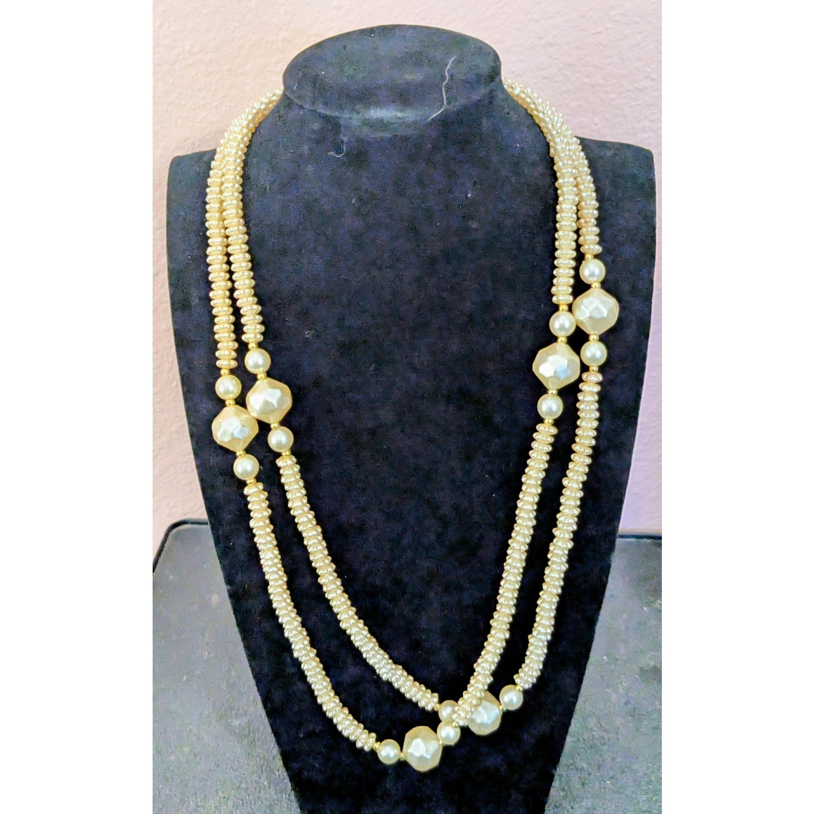 Vintage 45″ Long Faux Pearl Necklace Chunky Faceted Geometric Beads Opera Strand