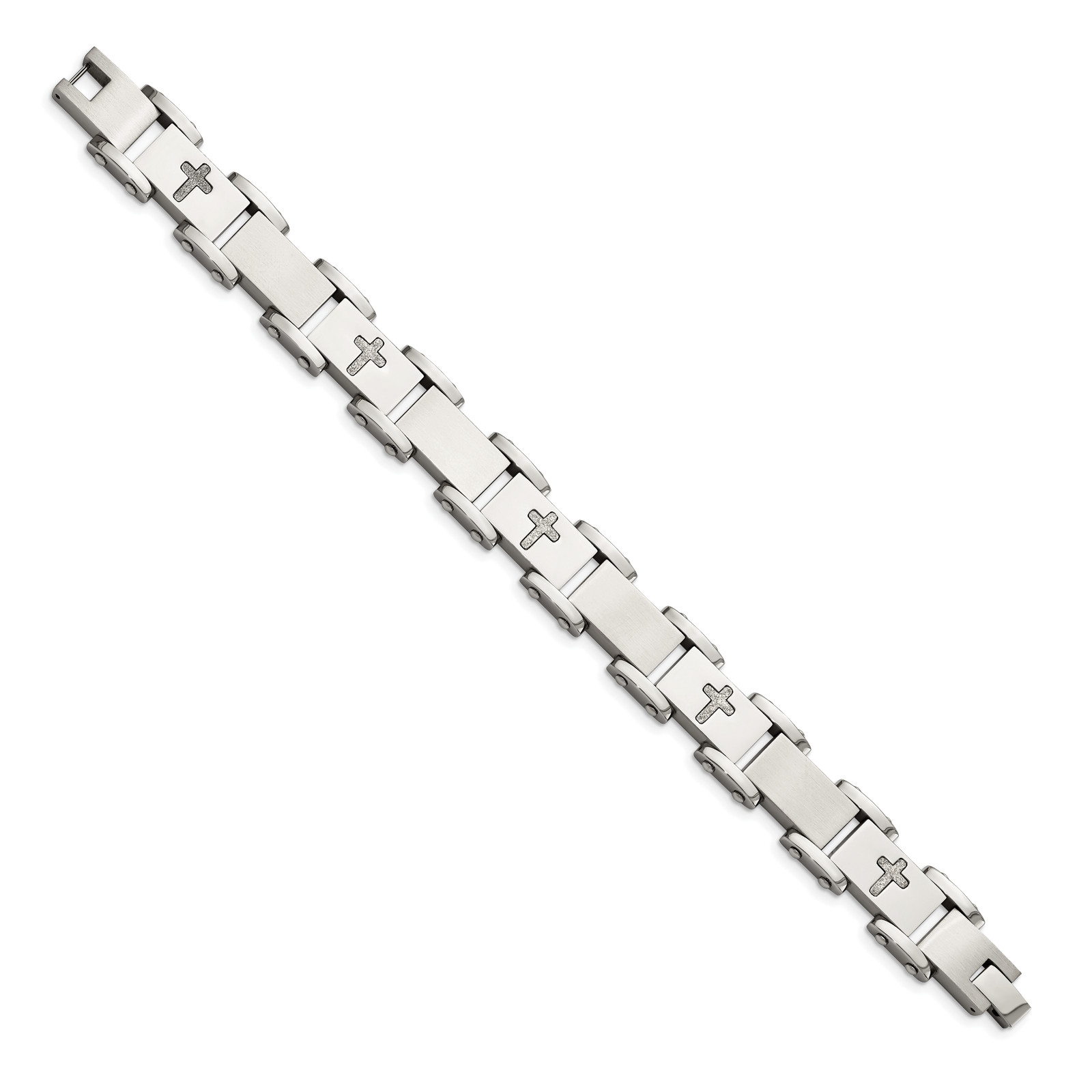 Chisel Stainless Steel Brushed Polished and Laser Cut Crosses 8.75 inch Link Bra