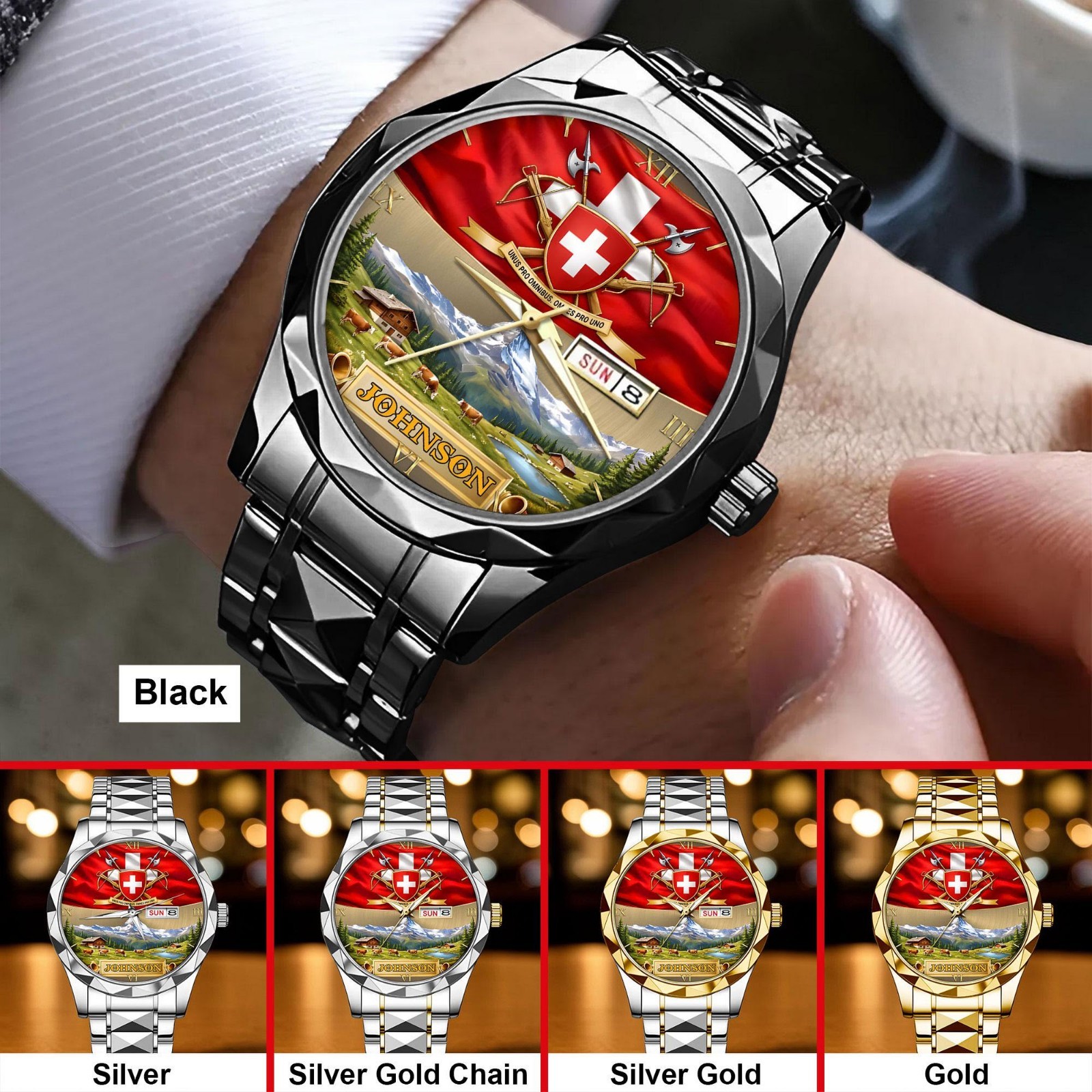 Switzerland Flag Wrist Watch Swiss Art Alpine Mountain Pride Gift for Men Him