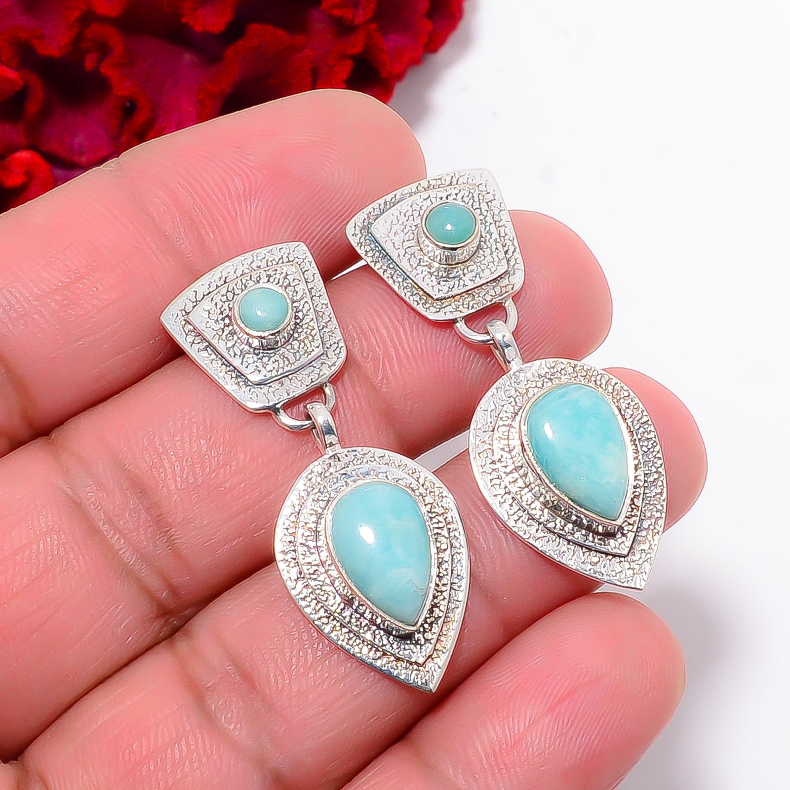 Amazonite – Peru Designer Handmade 925 Sterling Silver Earring 1.44″ E0293111045