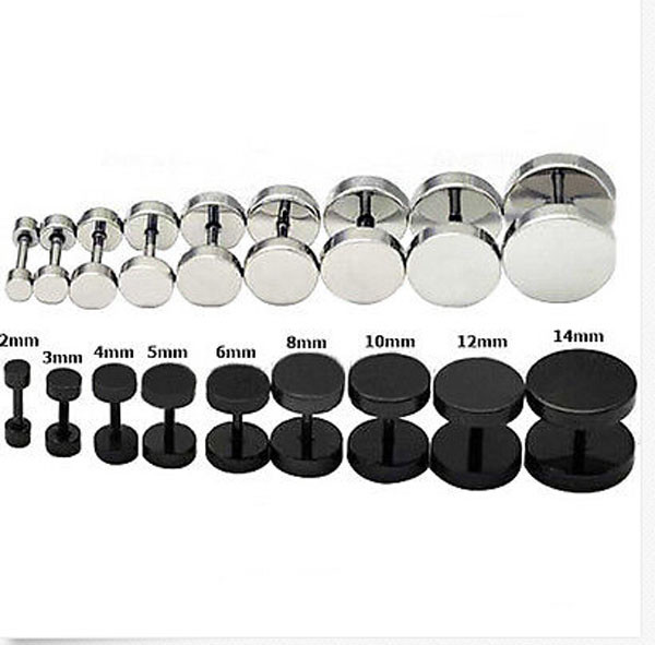 Black/Silver Mens Barbell Punk Gothic Stainless Steel Ear Studs Earrings 3-14mm