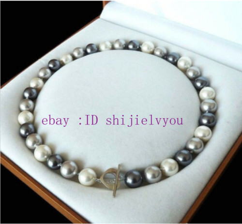 Natural 8/10/12mm White Gray Black South Sea Shell Pearl Necklace 18″