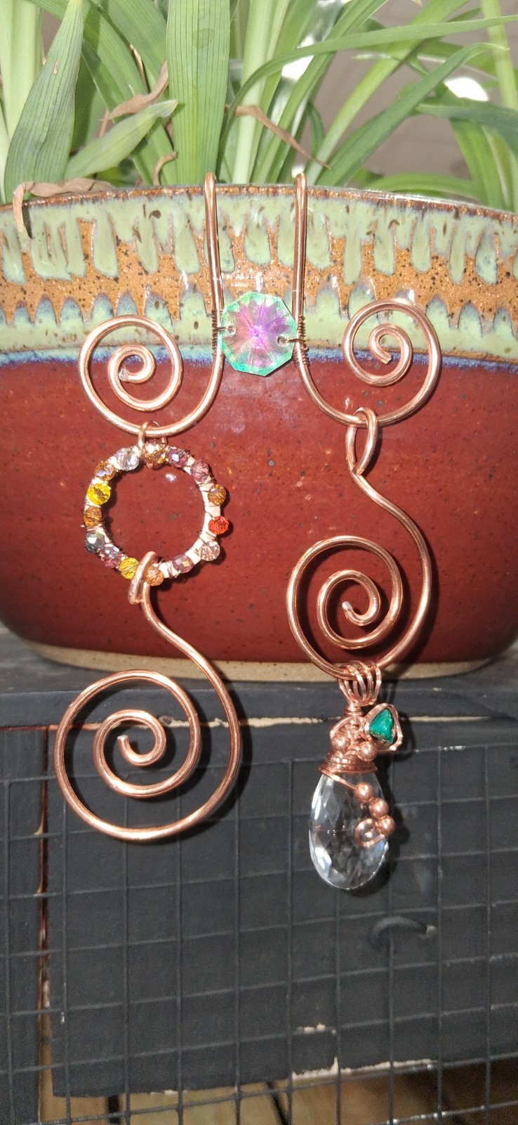 Handcrafted Copper Wire Swirl Plant Charm, Aqua Square Crystal Charm