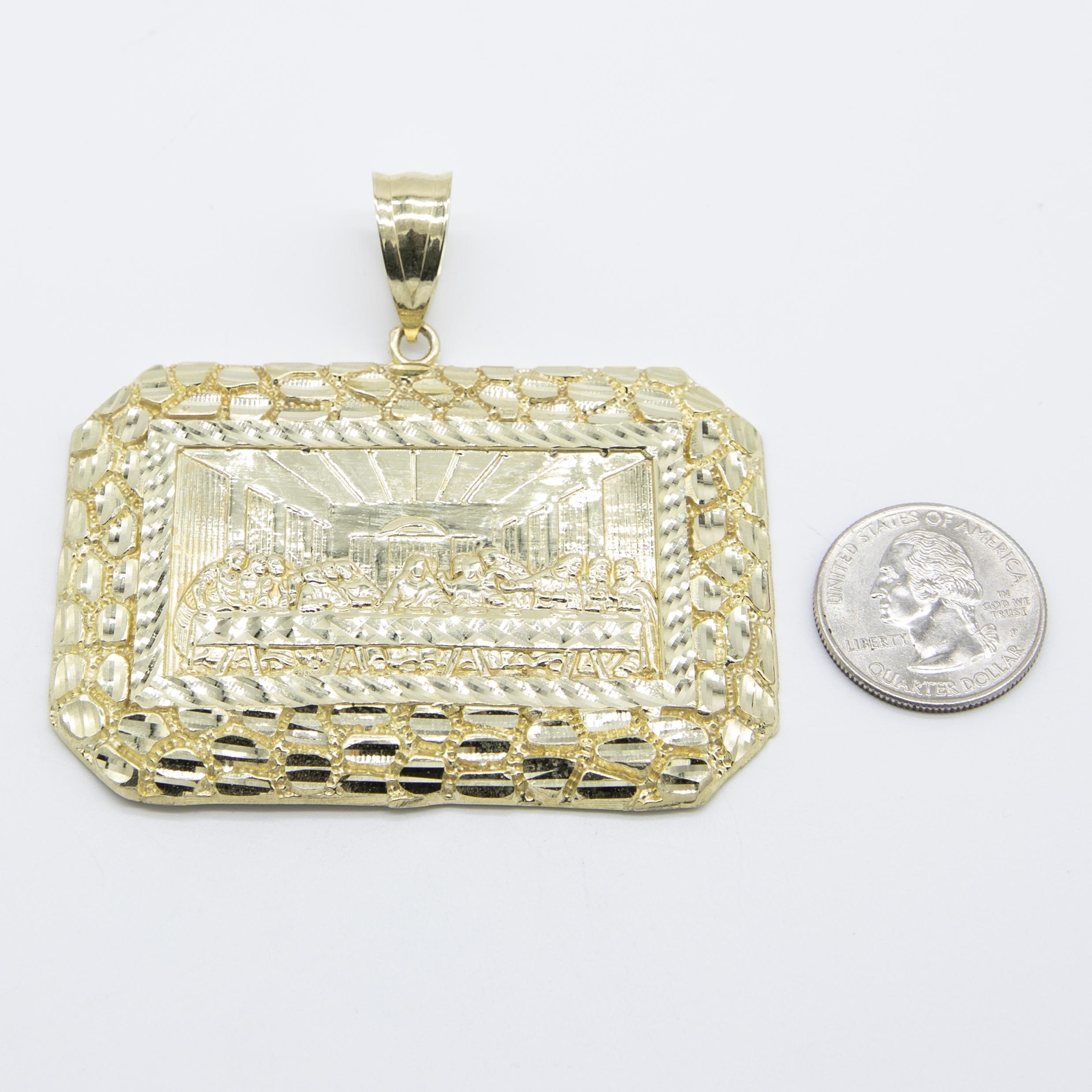 2 3/4″ Huge Nugget-Frame Last Supper Pendant Solid Real 10K Yellow Gold