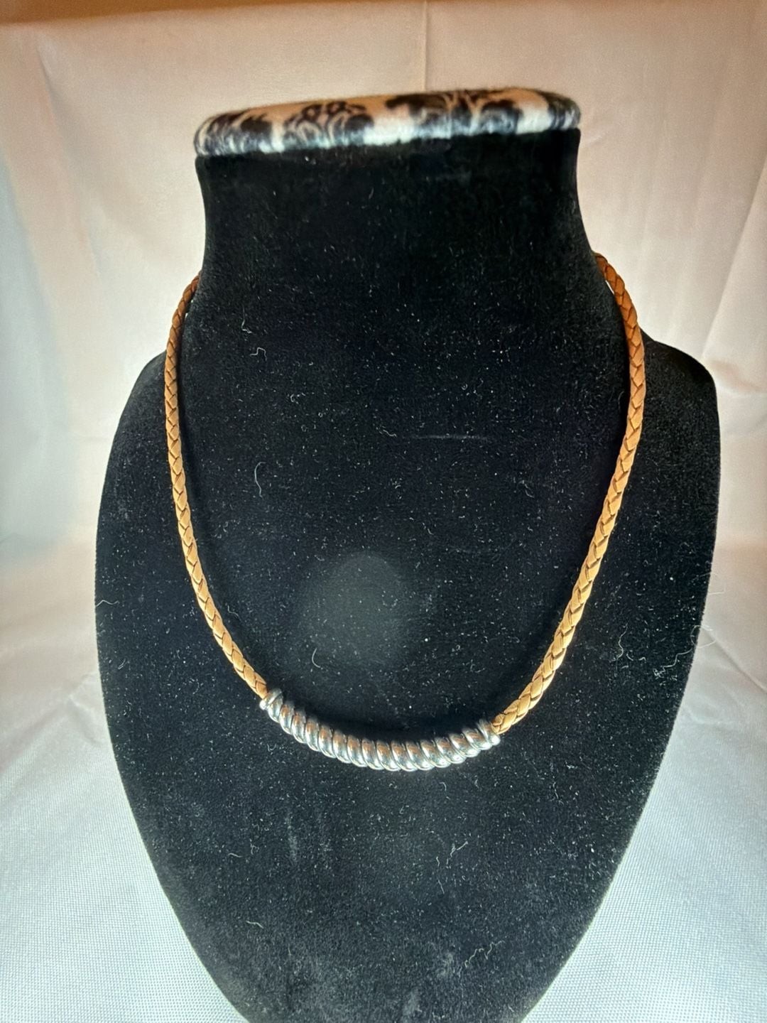 A&W Branded Tan Braided Leather Necklace with Twisted Metal Tube Focal Piece