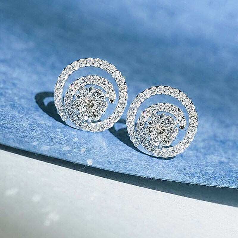 Round Cut Simulated Diamond Cluster Pretty Stud Earrings 14K White Gold Plated