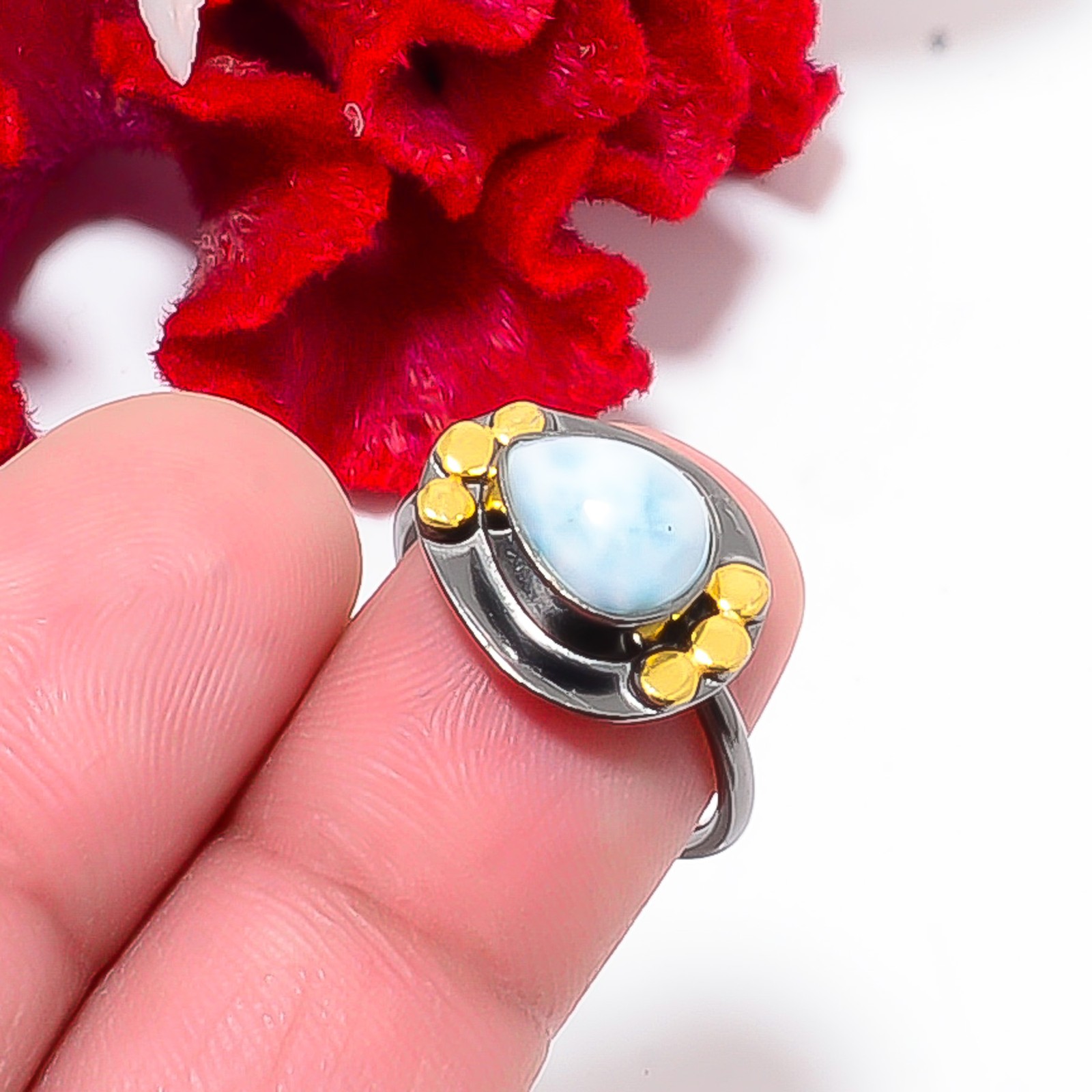 Larimar Black And Gold Plated 925 Sterling Silver Ring S.6 R84442