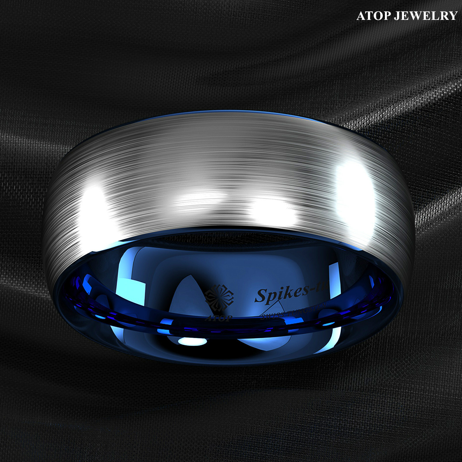 8mm Tungsten Carbide ring Silver Brushed Blue Inlay Wedding Band ATOP Men’s Ring