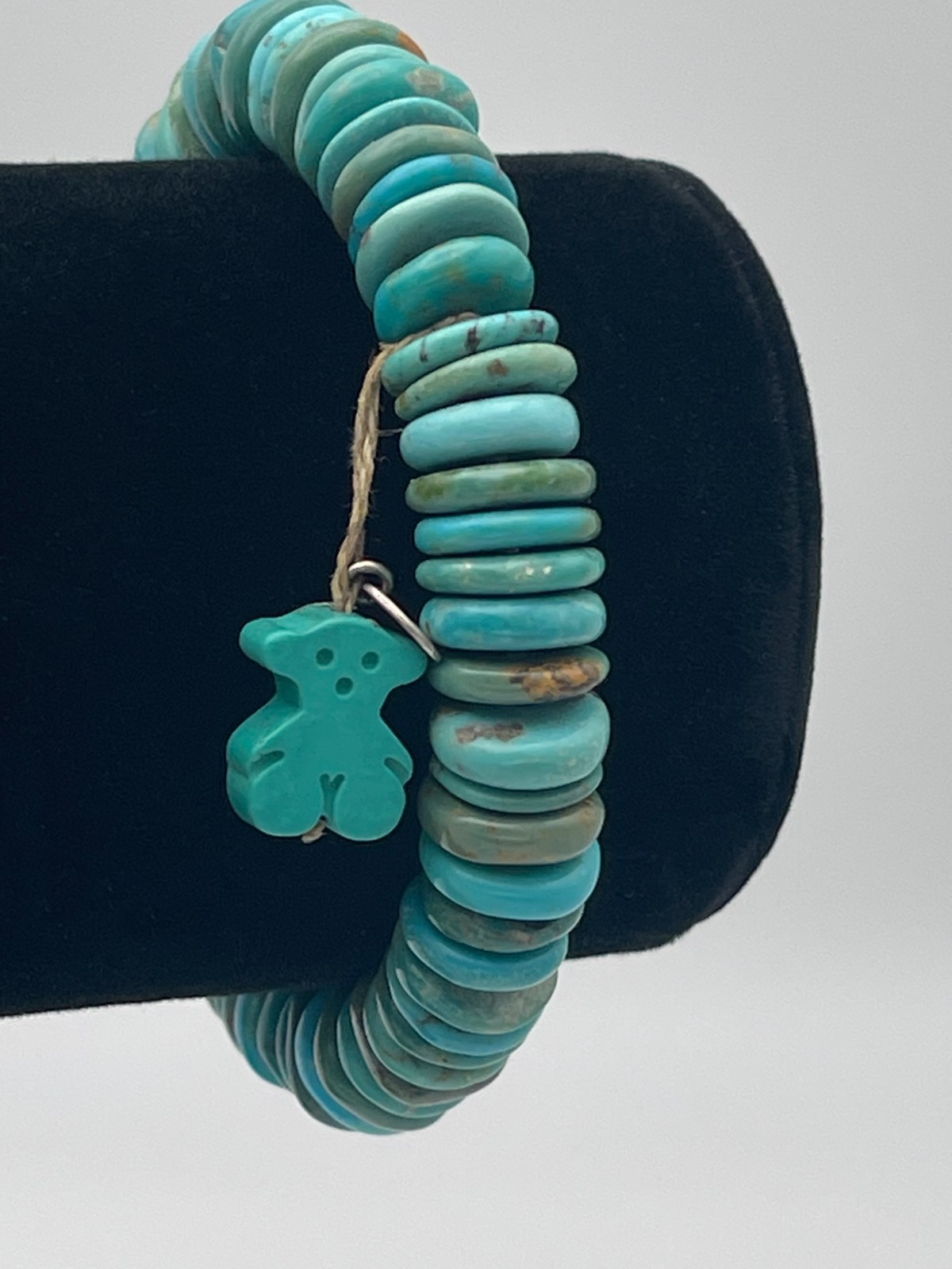 TOUS turquoise gemstone disk stretch bracelet with dangling turquoise charm bear