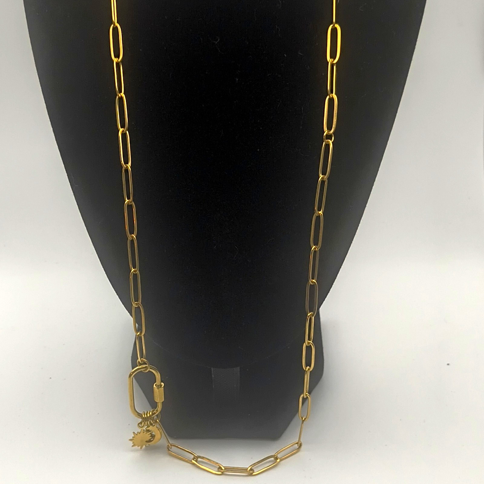 Nominal Gold Tone Bar Link Chain Necklace Asymmetrical Sun Charm Lobster