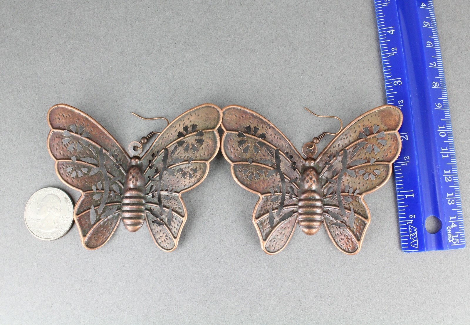 Copper huge butterfly earrings big giant lightweight dangle earrings large size