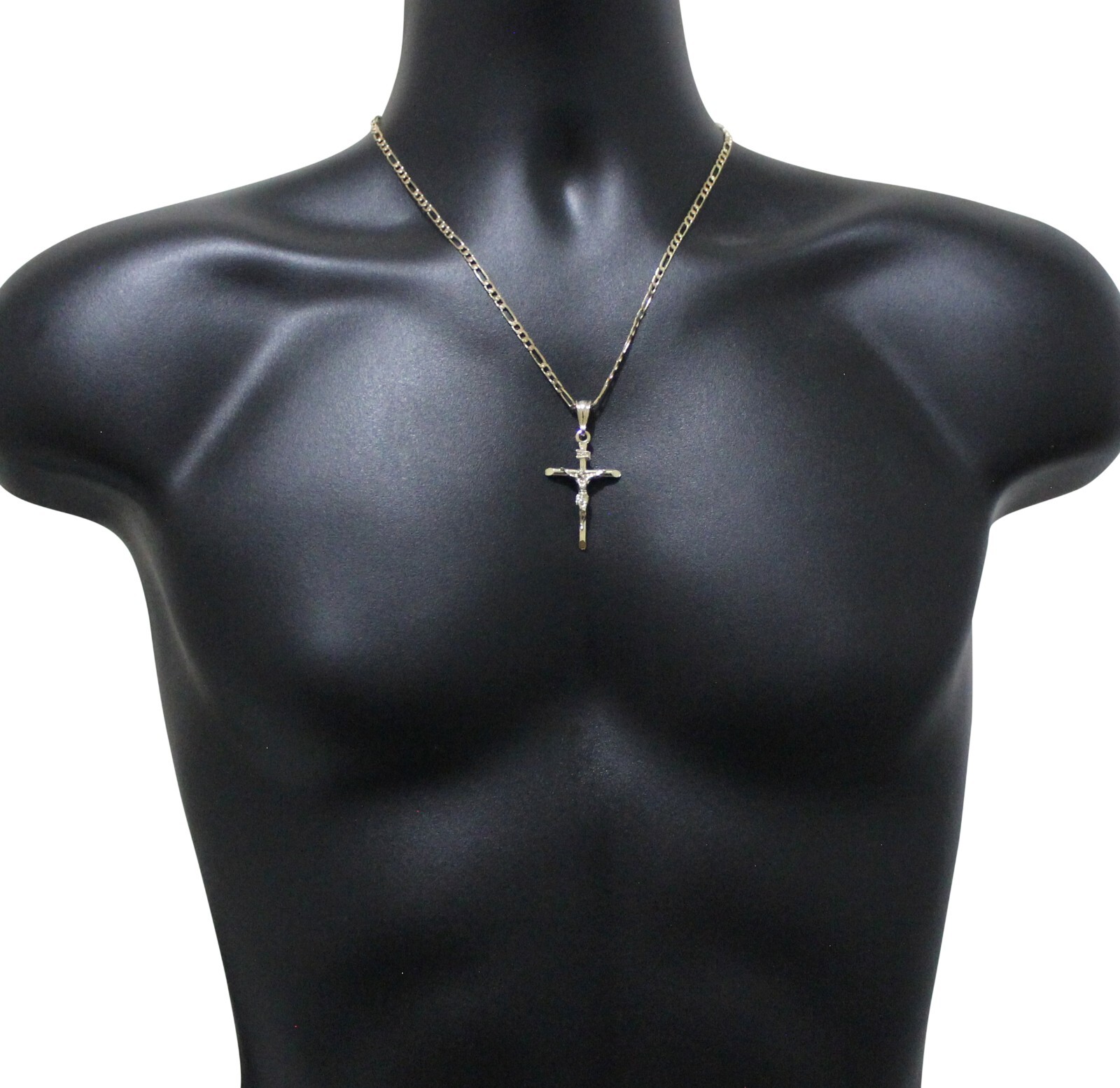 14k Gold Plated Crucifix Pendant 20″ Figaro Chain Men Women Necklace