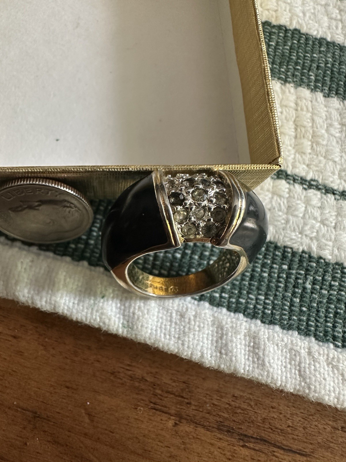 Black Enamel Dome Band Ring Clear Crystals Signed, Size 6.5 Vintage