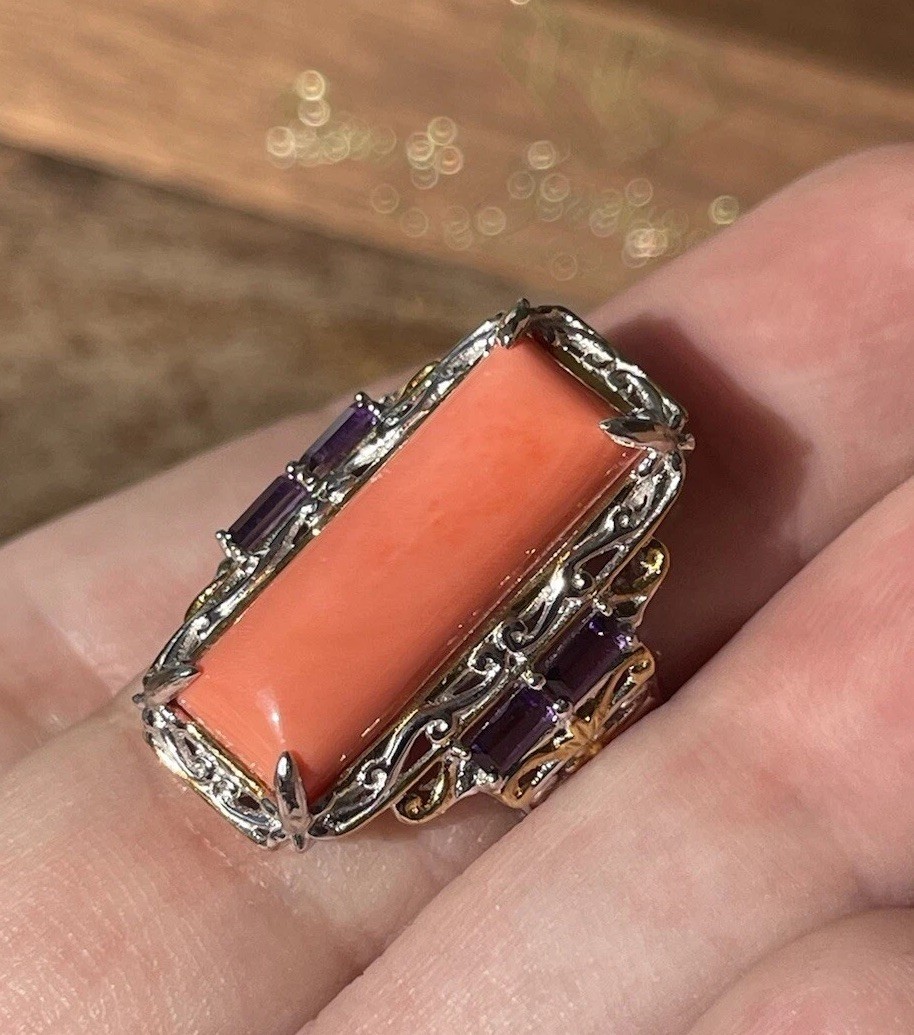 Bamboo Coral & Amethyst Elongated Ring -925 Sterling Silver Two Tone – 22 x 8mm