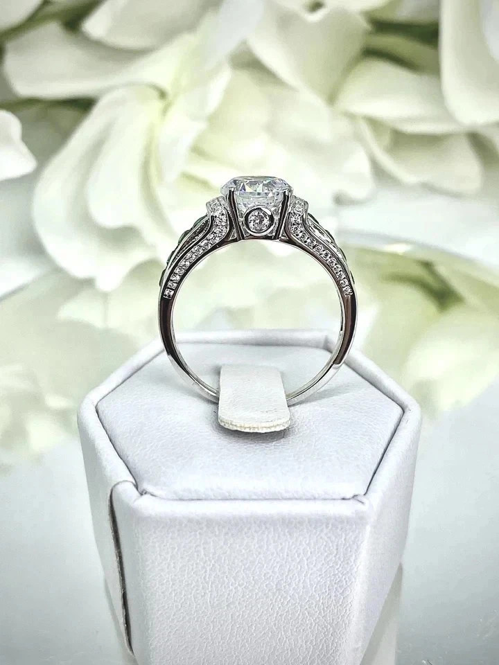 Art Deco Style Lab Created Diamond Emerald Engagement 14K White Gold Finish Ring