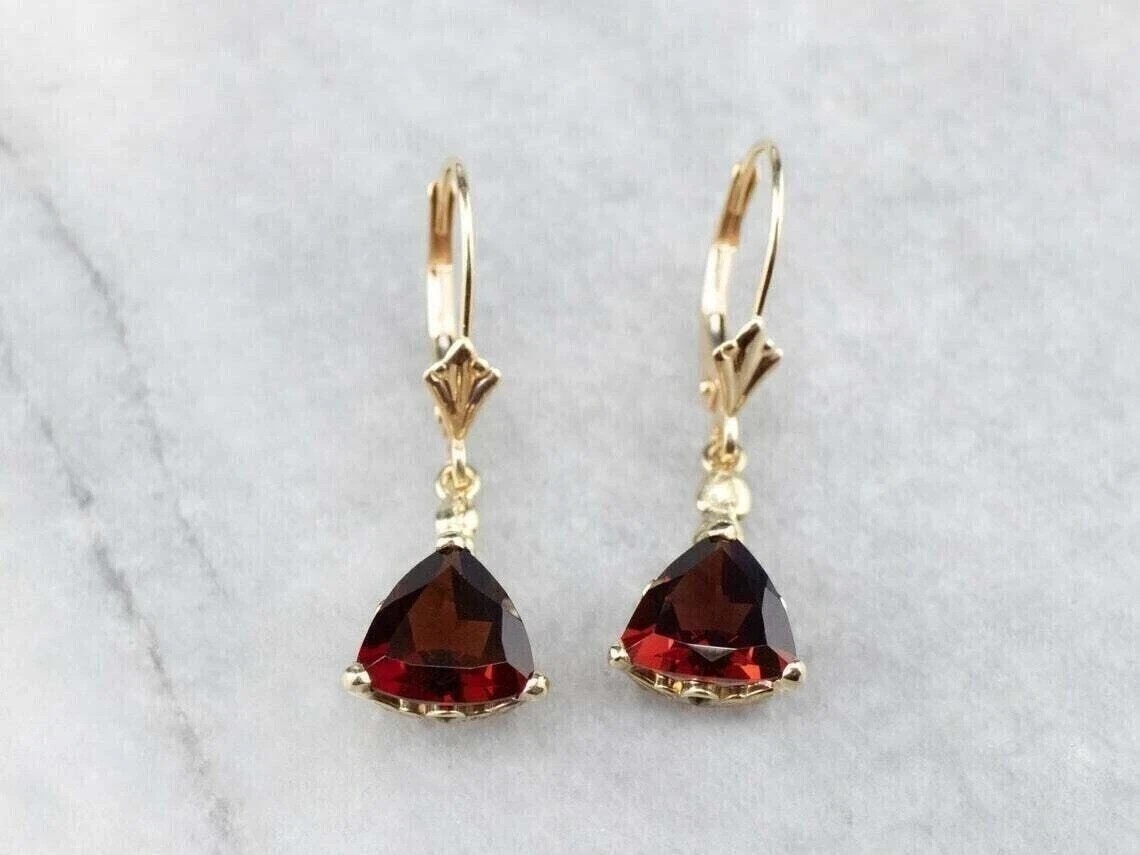 14K Yellow Gold Plated Drop Dangle Earring 2Ct Trillion Cut Simulated Red Garnet