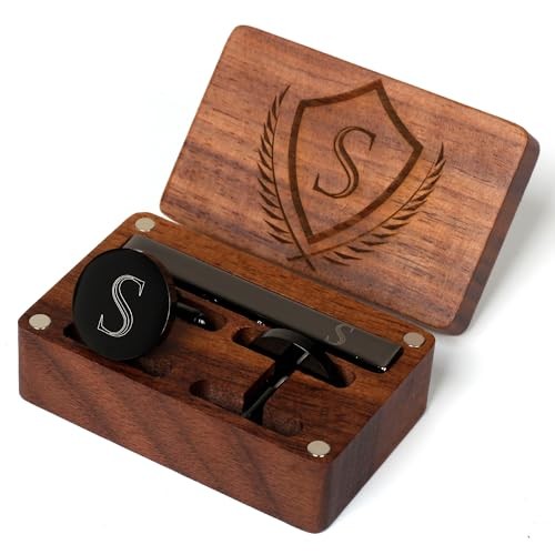 Mens Initial Cufflinks and Tie Clip A-Z Alphabet Letter Black Classic-S