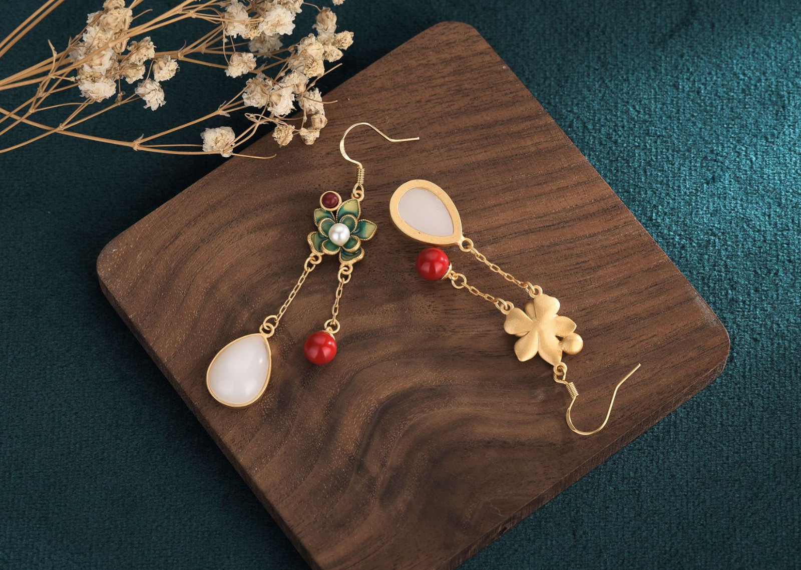 Jade Bohemian Drop Dangle Earrings Flower Dainty Gemstone Hook 18K Gold Plated