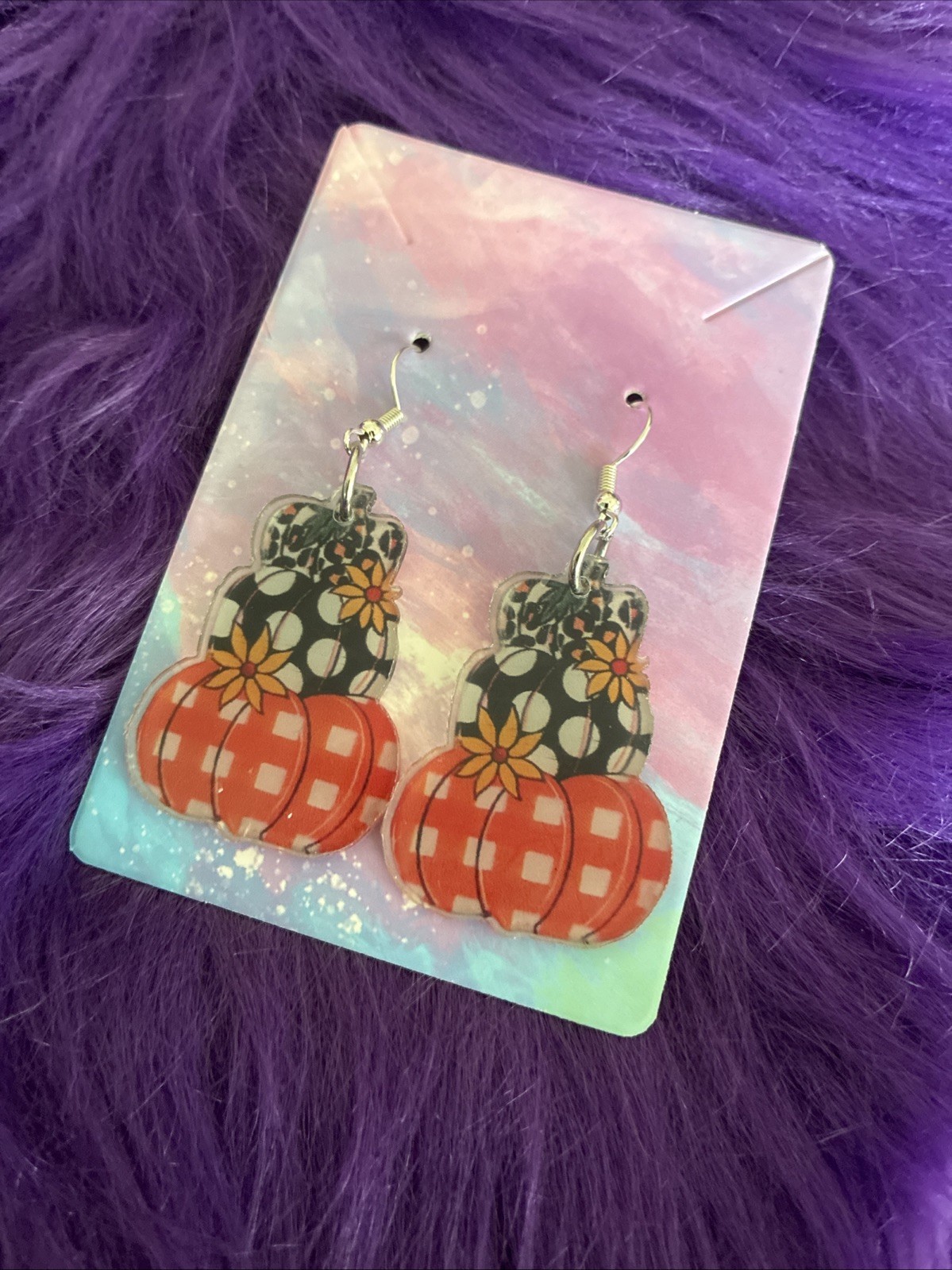 Autumn Acrylic Pumpkin Shaped Drop Style Earrings. Perfect For Halloween, Fall