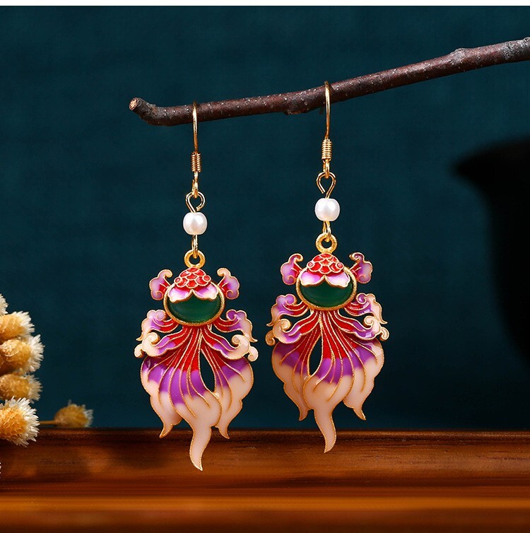 Jade Enamel Pearl Dangle Earrings Boho Goldfish Dainty Gemstone 18K Gold Plated
