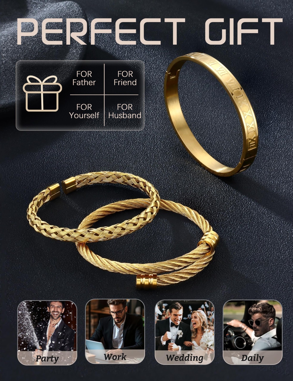 3Pcs Men’s Stainless Steel Adjustable Bracelets – Roman Numeral & Twisted Cable