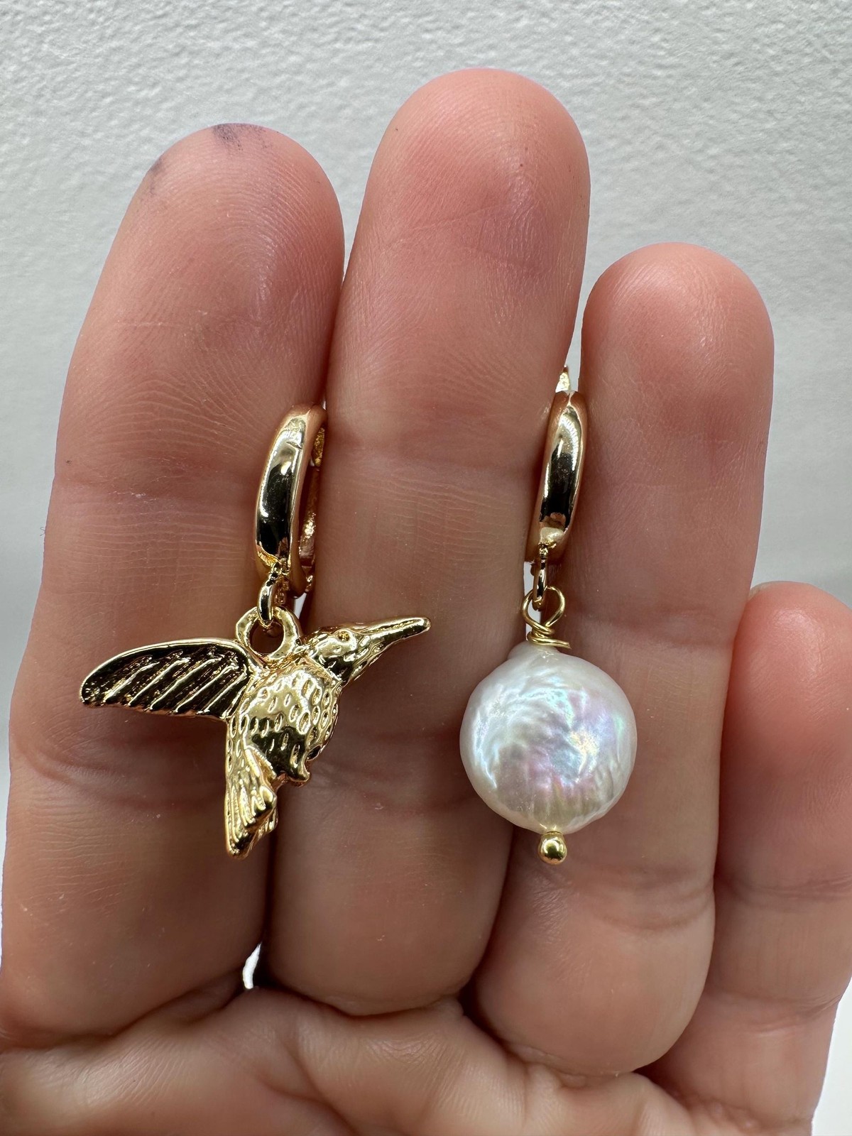Asymmetrical Hummingbird and White Coin Pearl Drop Earrings, Gold Plated