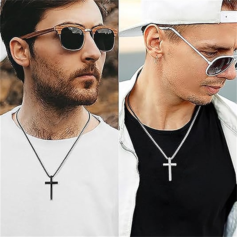 Cross Necklace for Men,Silver Stainless Steel Plain Cross Pendant Necklace