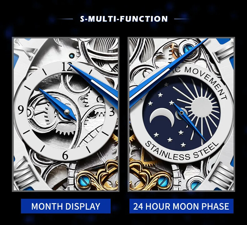 OLEVS Skeleton Self-Wind Automatic Mechanical Men’s Watch Leather Moon Phase