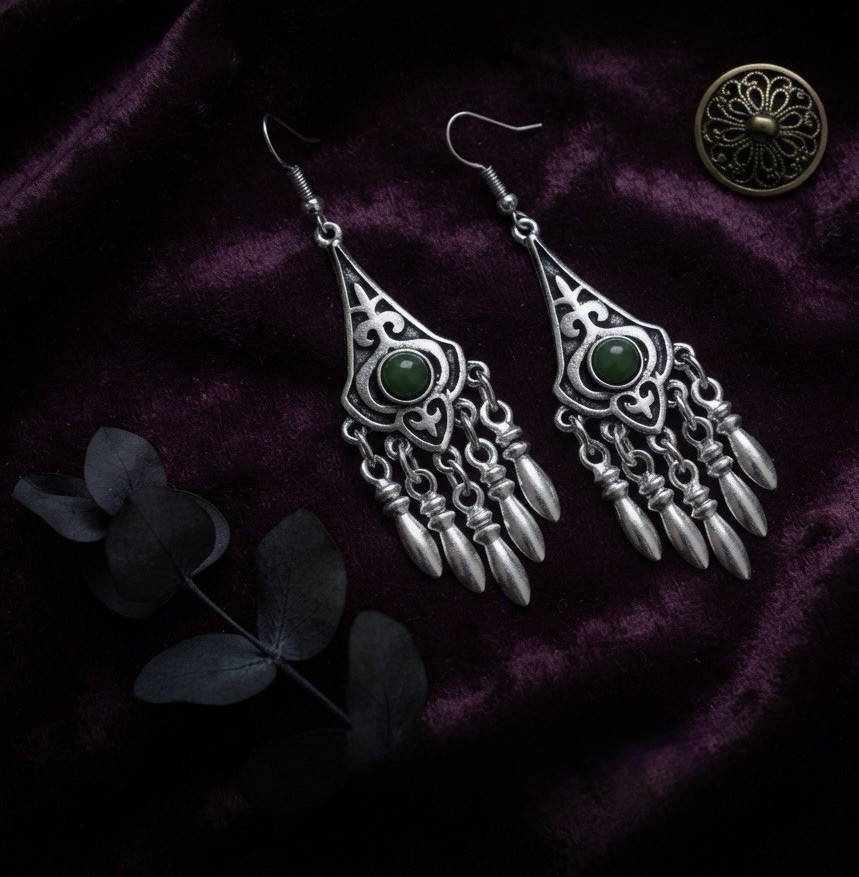 Silver Tone Bohemian Teardrop Dangle Drop Hook Earrings Green Round Stone